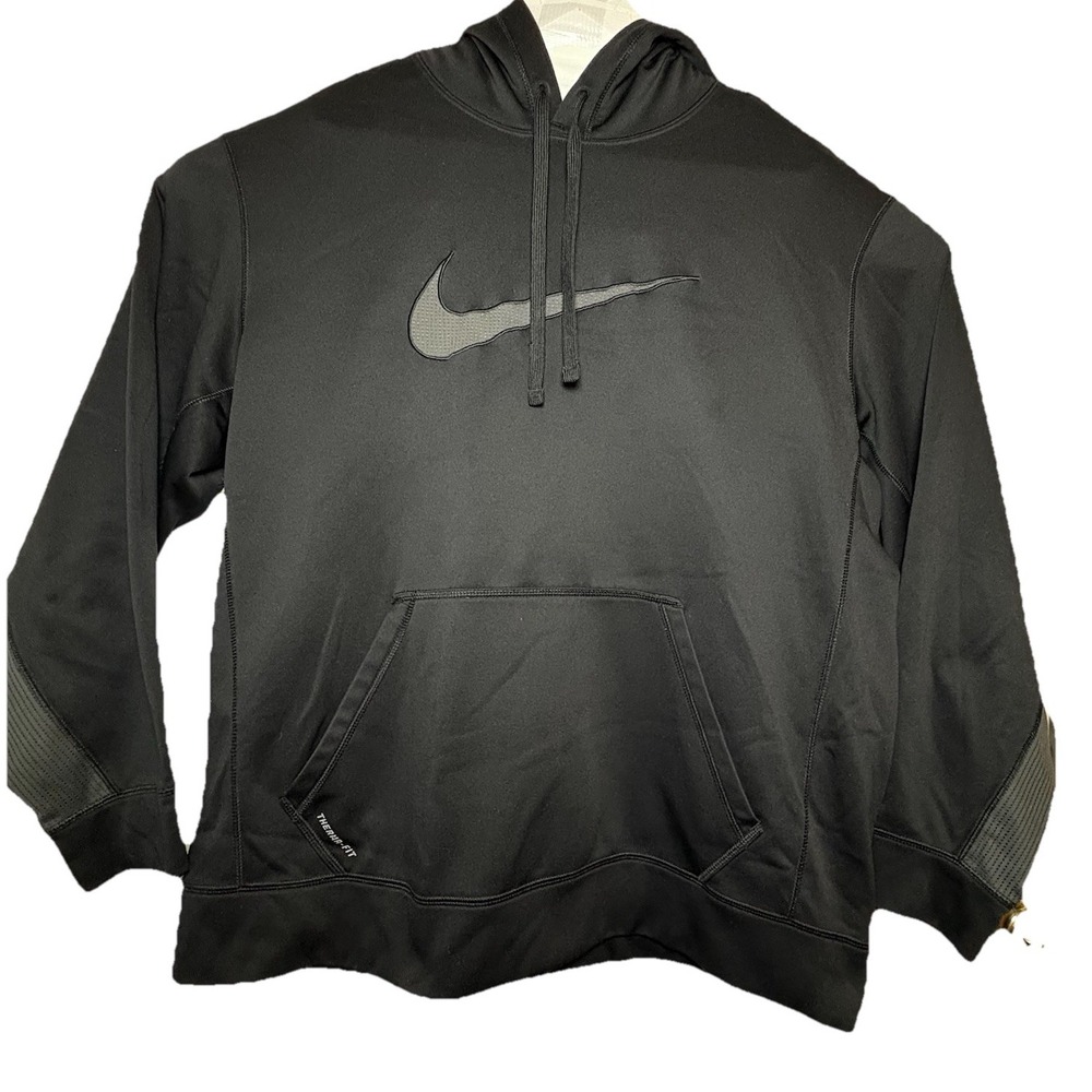 Nike Sweatshirt Hoodie Big Front Swoosh Men's XL Black Therma Fit Warm